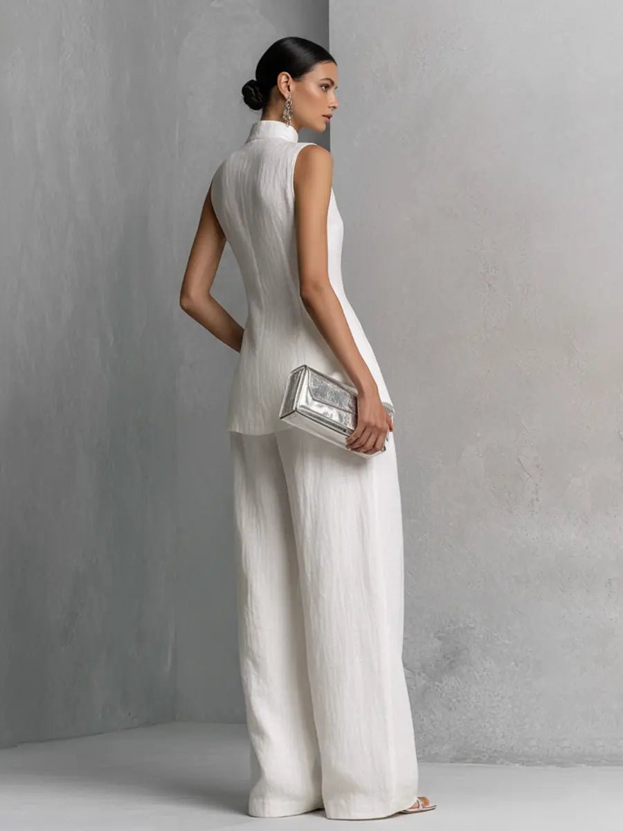 Women's Cotton-Linen Stand-Collar Wide-Leg Two-Piece Set
