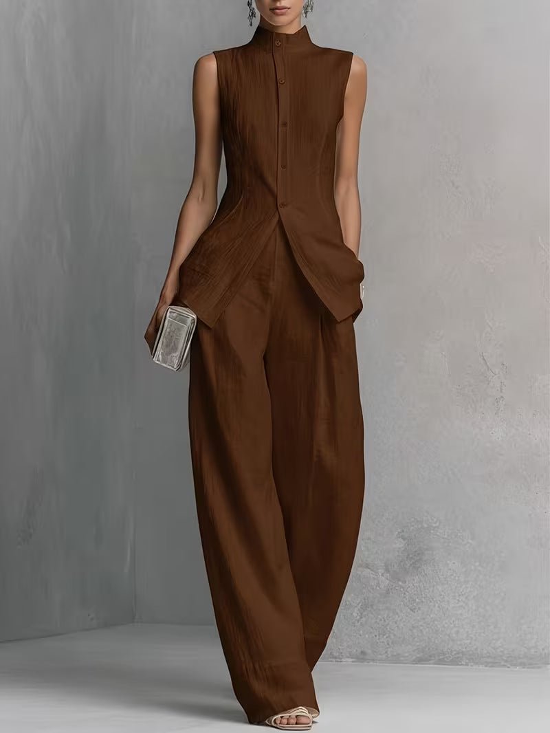 Women's Cotton-Linen Stand-Collar Wide-Leg Two-Piece Set - Brown