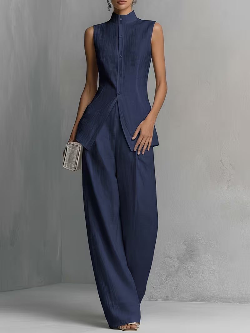 Women's Cotton-Linen Stand-Collar Wide-Leg Two-Piece Set - Dark Blue