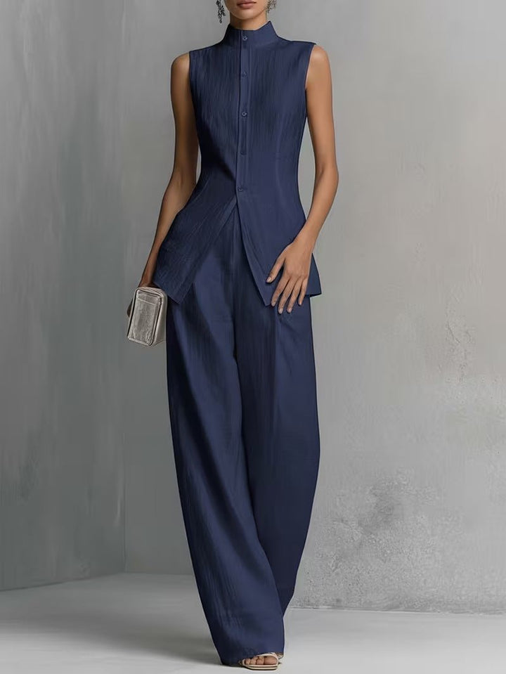 Women's Cotton-Linen Stand-Collar Wide-Leg Two-Piece Set - Dark Blue
