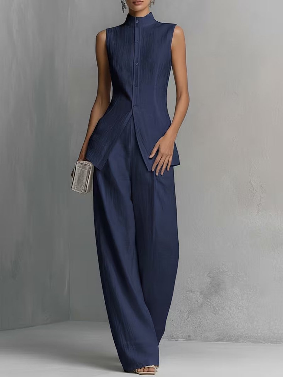 Women's Cotton-Linen Stand-Collar Wide-Leg Two-Piece Set - Dark Blue