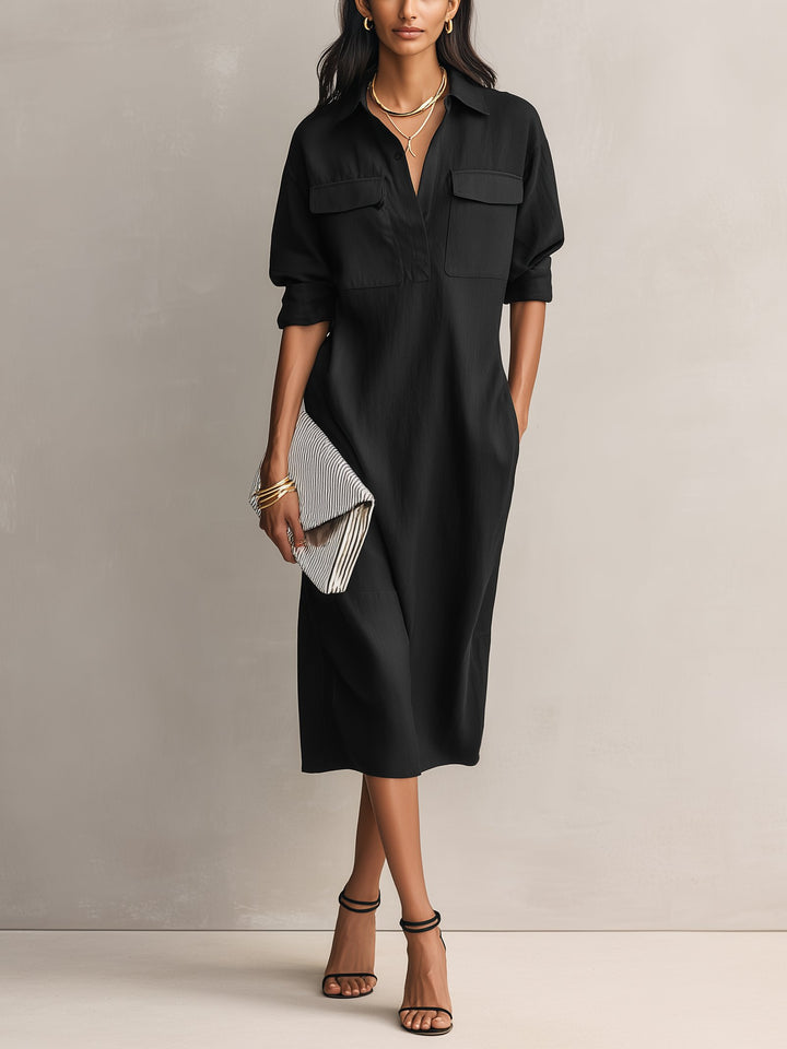 Women's Cotton Linen V-Neck Elbow Sleeve Midi Shirt Dress