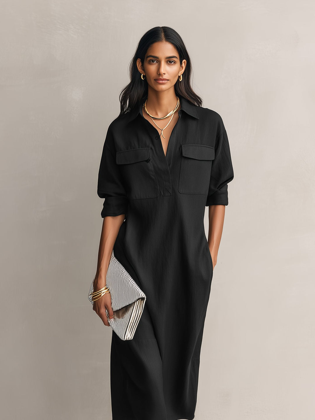 Women's Cotton Linen V-Neck Elbow Sleeve Midi Shirt Dress