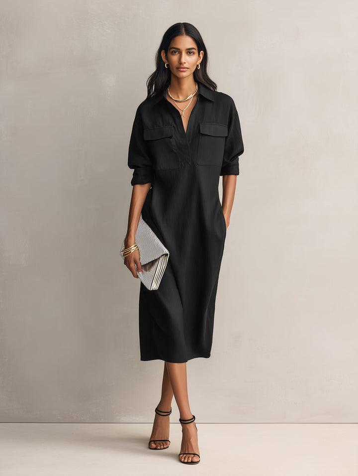 Women's Cotton Linen V-Neck Elbow Sleeve Midi Shirt Dress