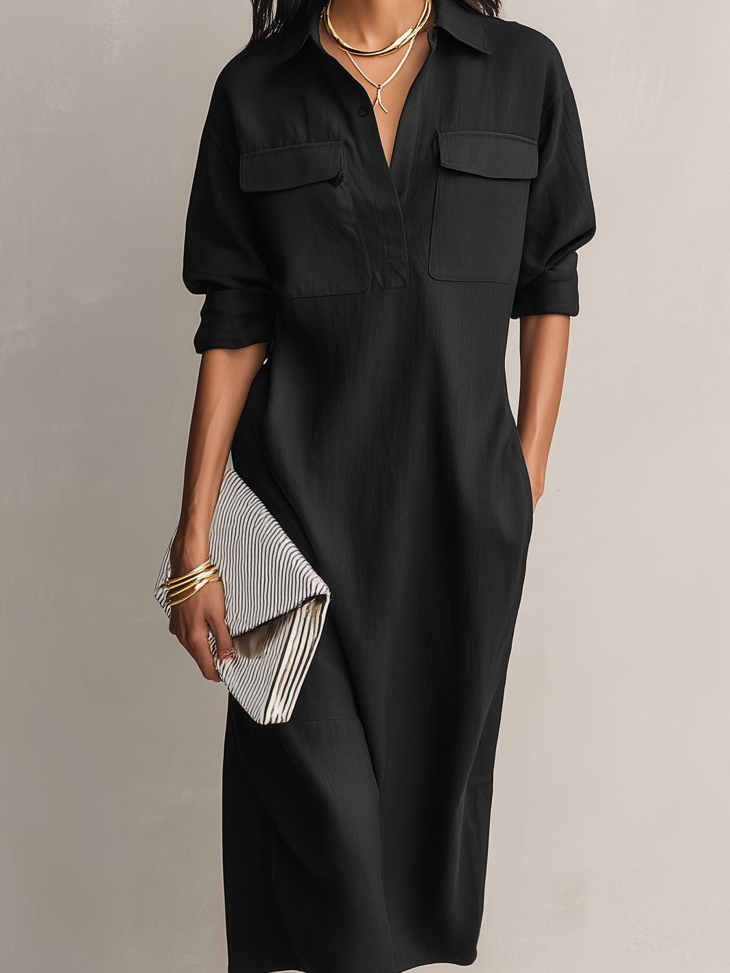 Women's Cotton Linen V-Neck Elbow Sleeve Midi Shirt Dress