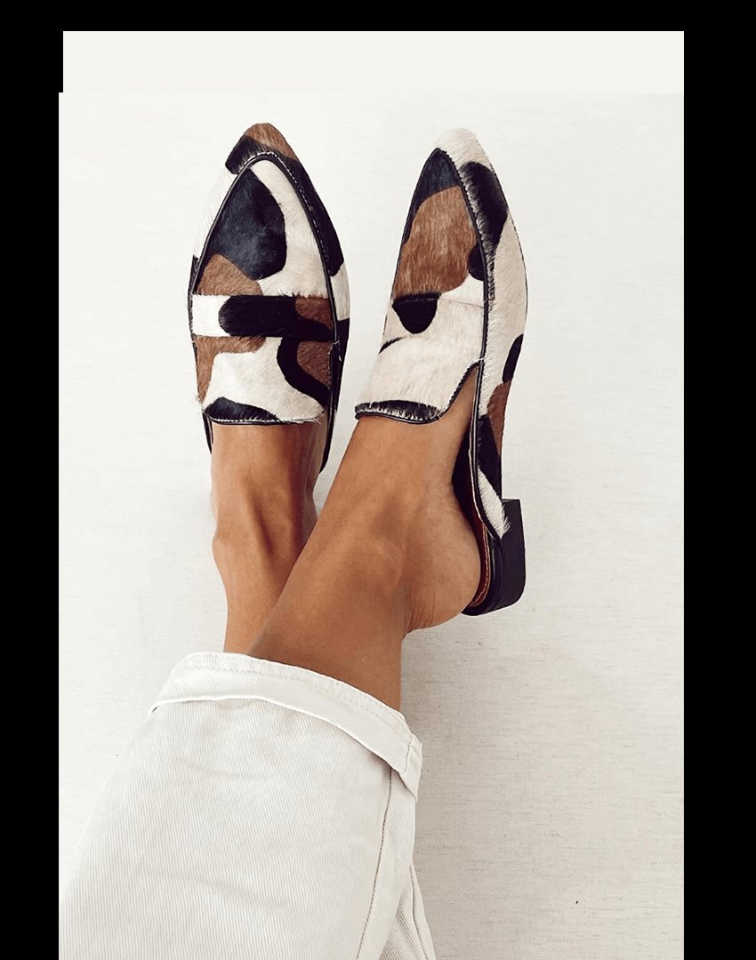 Women's Cow-Print Pointed-Toe Slip-On Loafers - Black/White