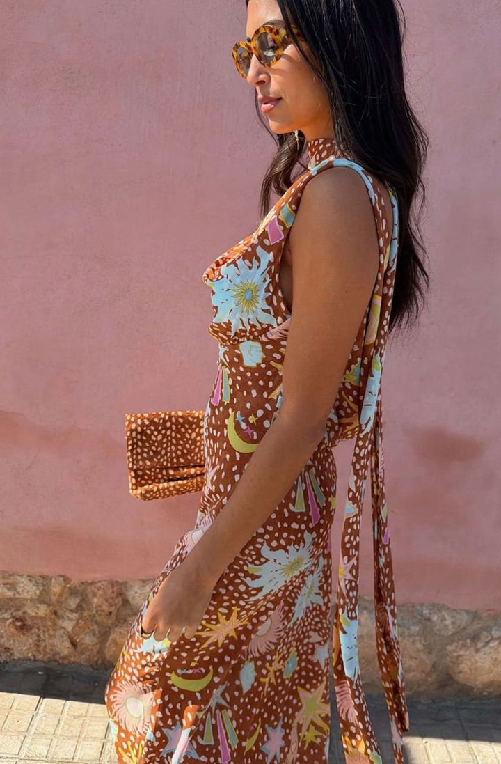 Women's Cowl Neck Halter Maxi Dress Detachable Scarf Celestial Print
