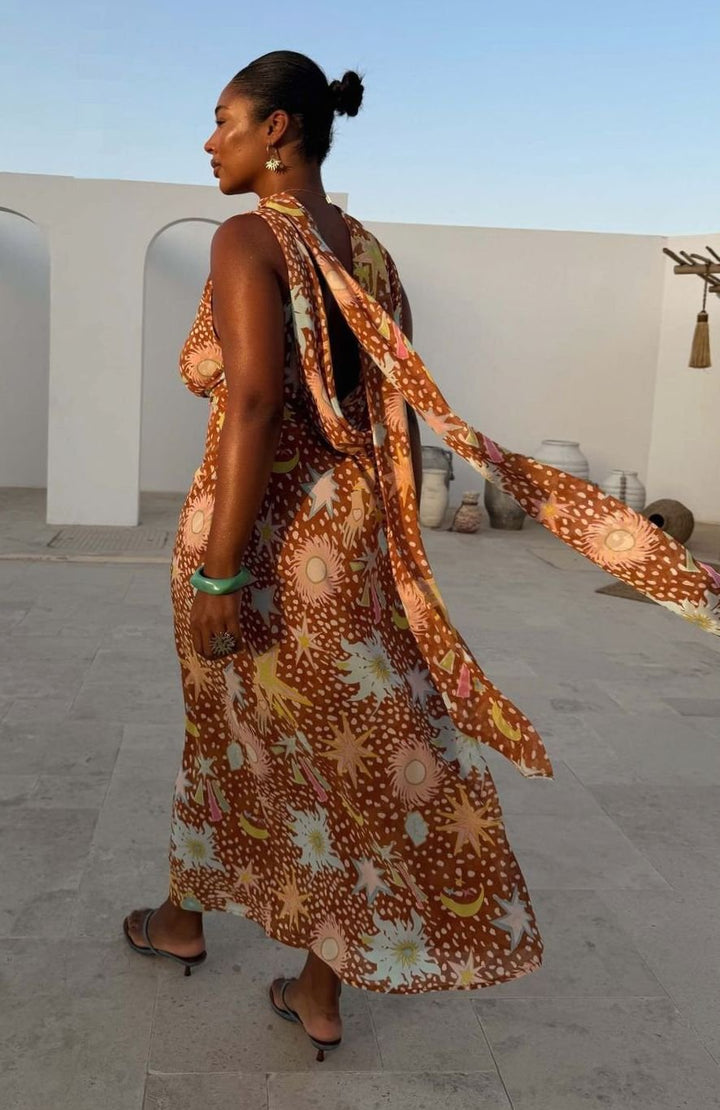 Women's Cowl Neck Halter Maxi Dress Detachable Scarf Celestial Print