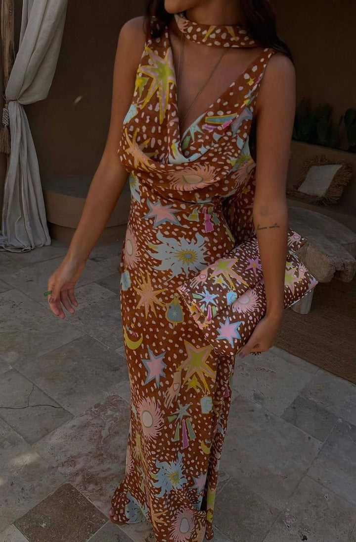 Women's Cowl Neck Halter Maxi Dress Detachable Scarf Celestial Print