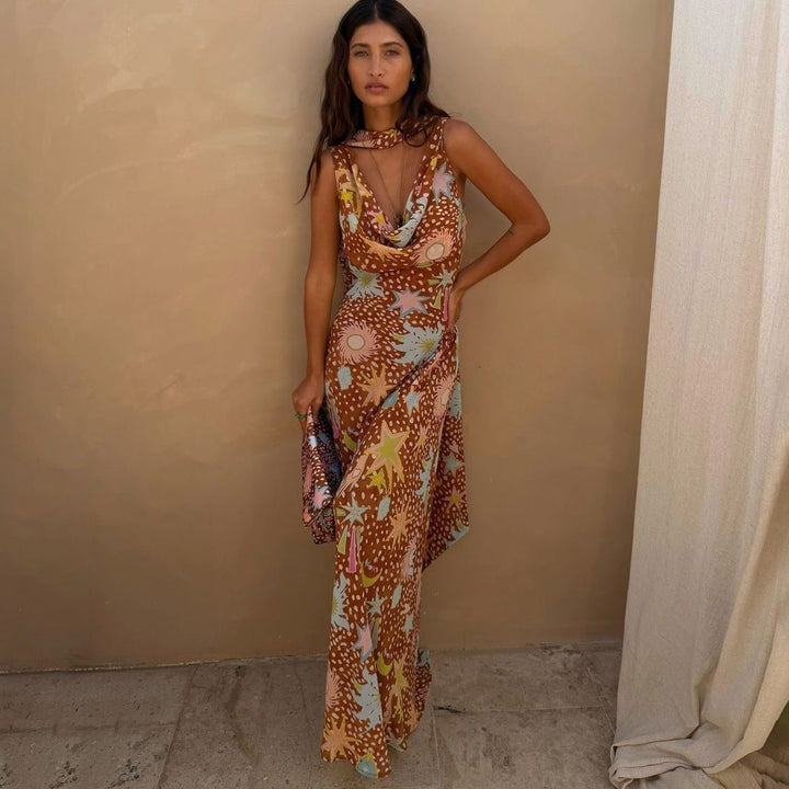 Women's Cowl Neck Halter Maxi Dress Detachable Scarf Celestial Print