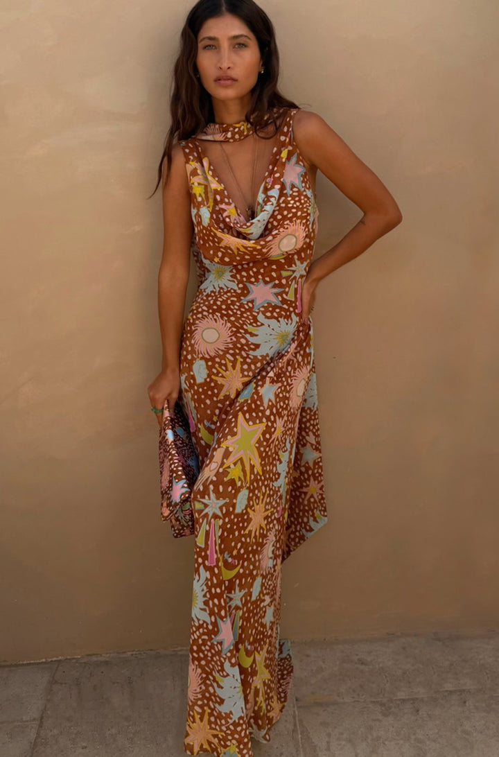 Women's Cowl Neck Halter Maxi Dress Detachable Scarf Celestial Print