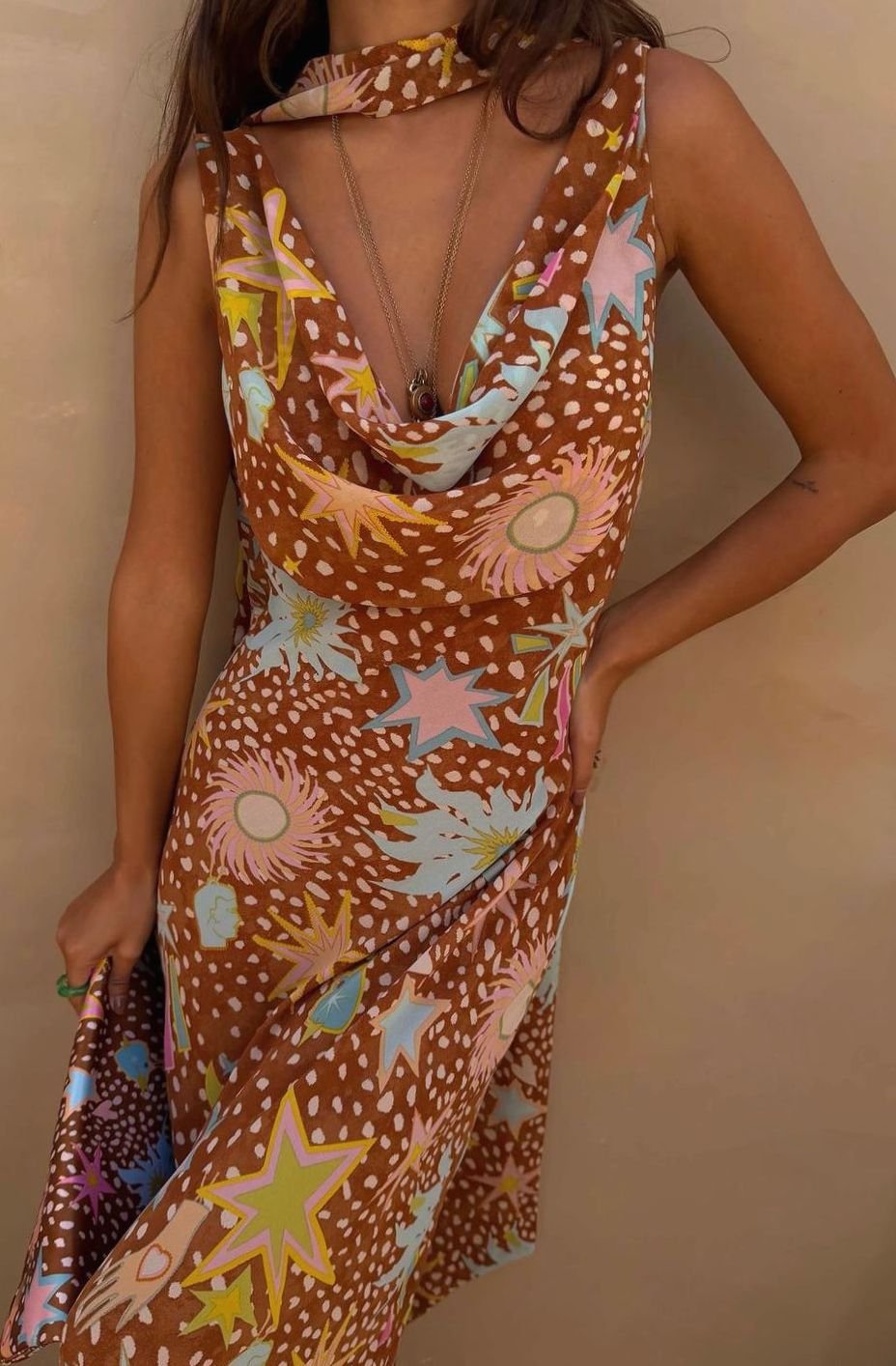 Women's Cowl Neck Halter Maxi Dress Detachable Scarf Celestial Print - Brown Fawn