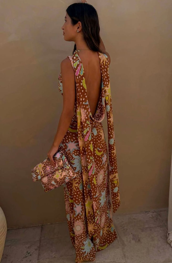 Women's Cowl Neck Halter Maxi Dress Detachable Scarf Celestial Print