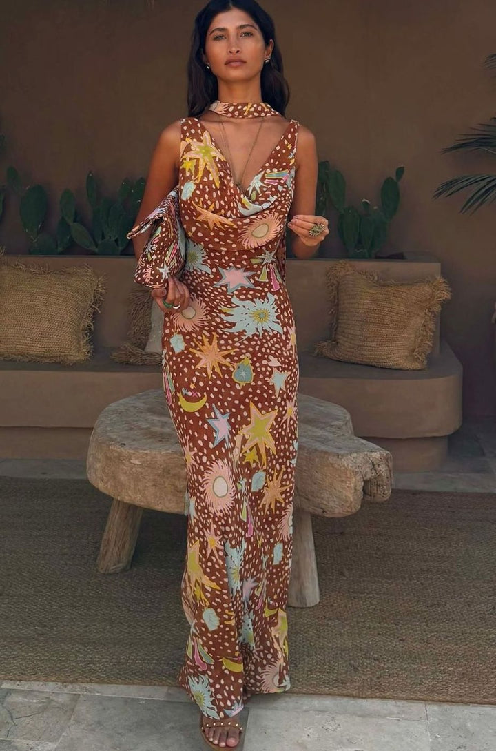 Women's Cowl Neck Halter Maxi Dress Detachable Scarf Celestial Print