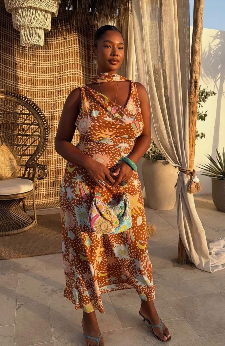 Women's Cowl Neck Halter Maxi Dress Detachable Scarf Celestial Print