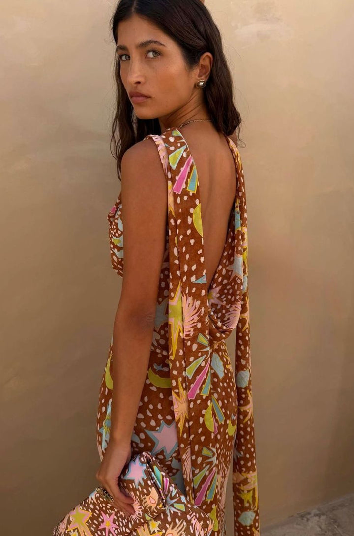 Women's Cowl Neck Halter Maxi Dress Detachable Scarf Celestial Print