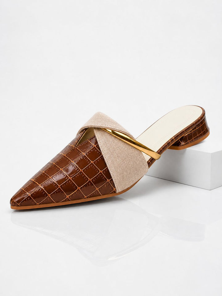 Womens Croc-Effect Pointed-Toe Slip-On Mule Heels - Brown