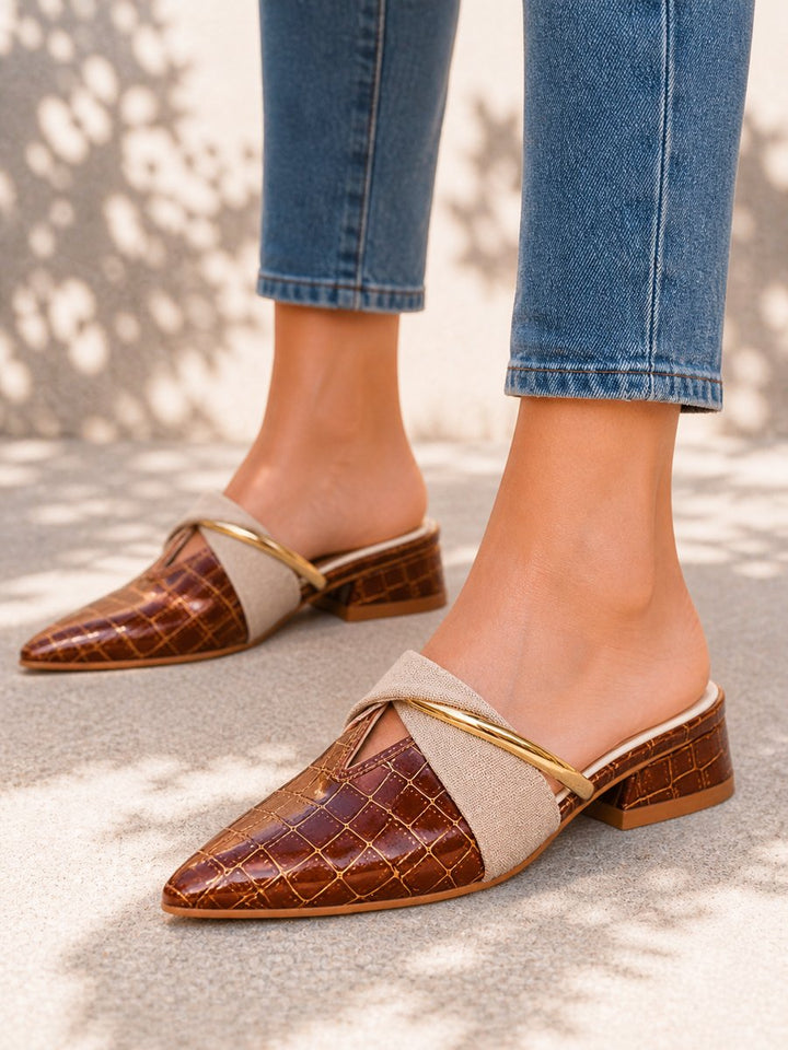 Womens Croc-Effect Pointed-Toe Slip-On Mule Heels