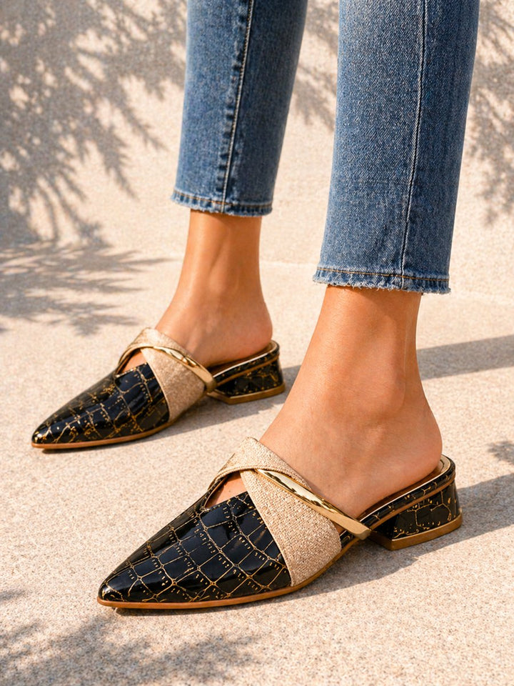 Womens Croc-Effect Pointed-Toe Slip-On Mule Heels