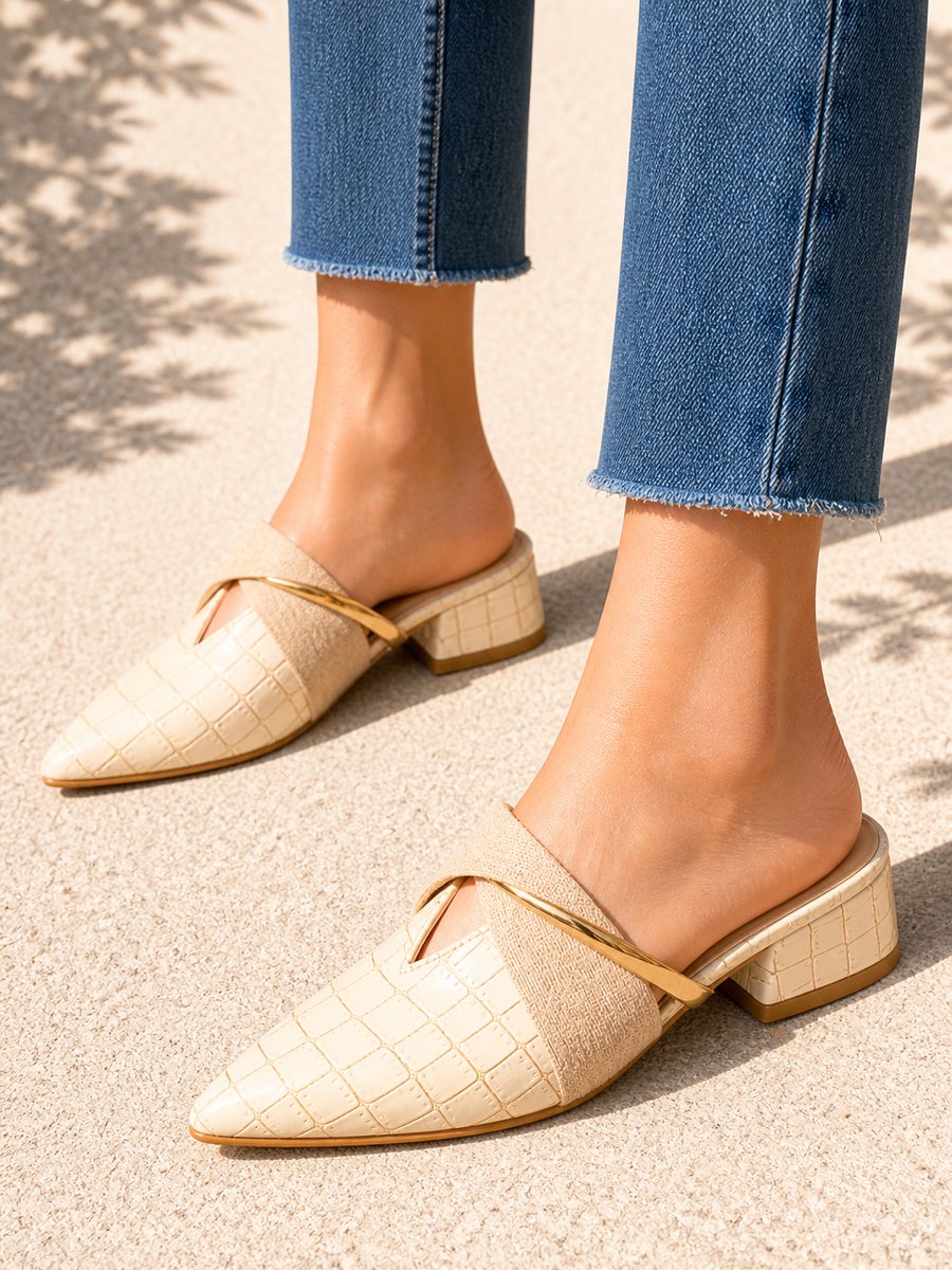 Womens Croc-Effect Pointed-Toe Slip-On Mule Heels