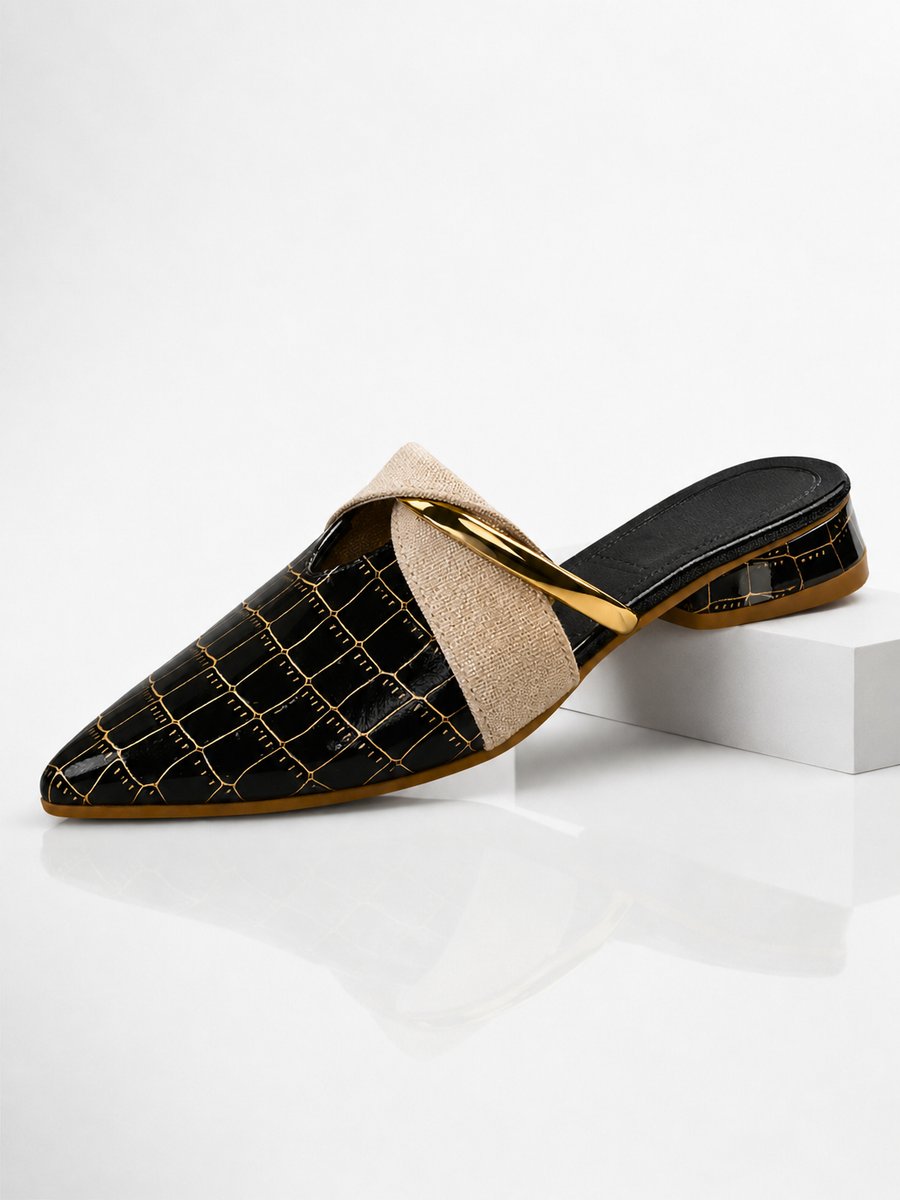 Womens Croc-Effect Pointed-Toe Slip-On Mule Heels - Black
