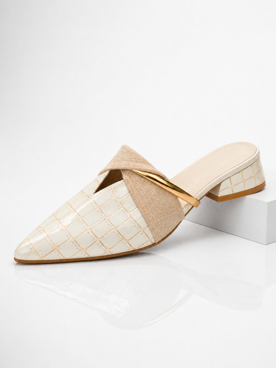 Womens Croc-Effect Pointed-Toe Slip-On Mule Heels - Cream