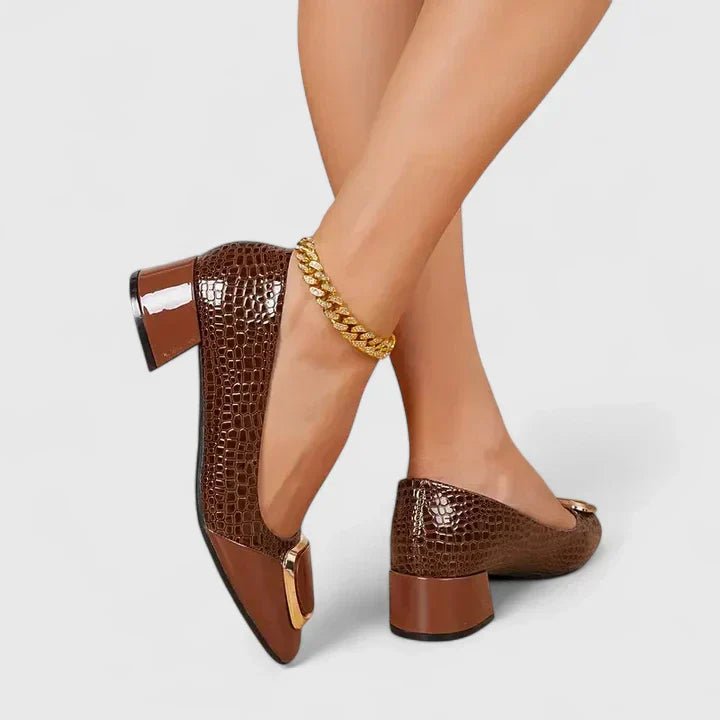 Women's Crocodile-Embossed Block-Heel Chain Detail Loafers - Brown