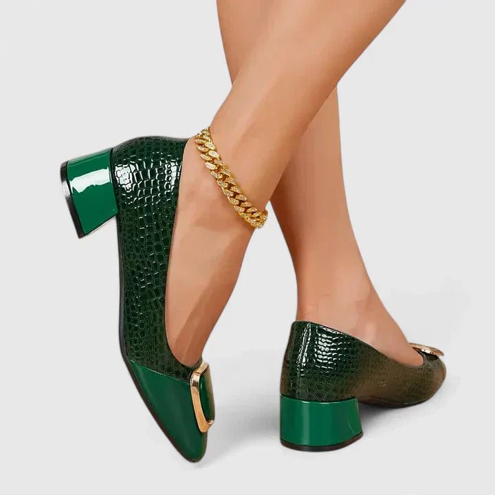 Women's Crocodile-Embossed Block-Heel Chain Detail Loafers - Green