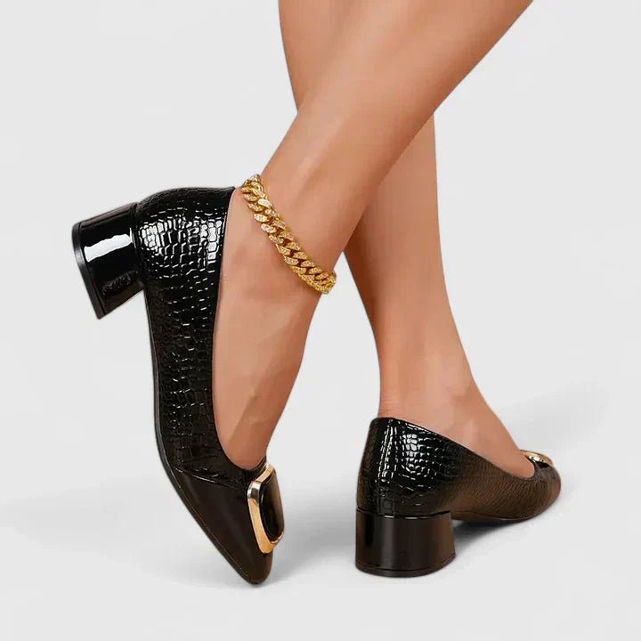 Women's Crocodile-Embossed Block-Heel Chain Detail Loafers - Black
