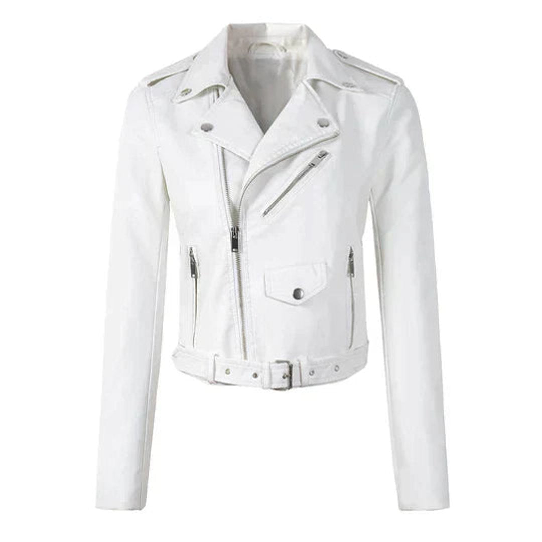 Women's Cropped Biker Faux Leather Jacket Zip-Up - White