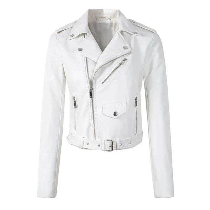 Women's Cropped Biker Faux Leather Jacket Zip-Up - White