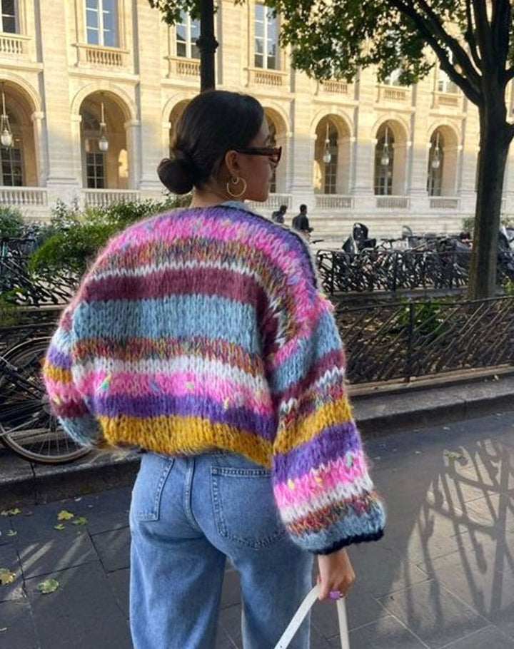 Women's Cropped Colour Block Knit Womens Jumper Patchwork - Purple