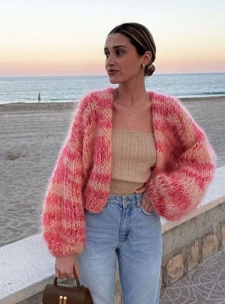 Women's Cropped Colour Block Knit Womens Jumper Patchwork - Pink