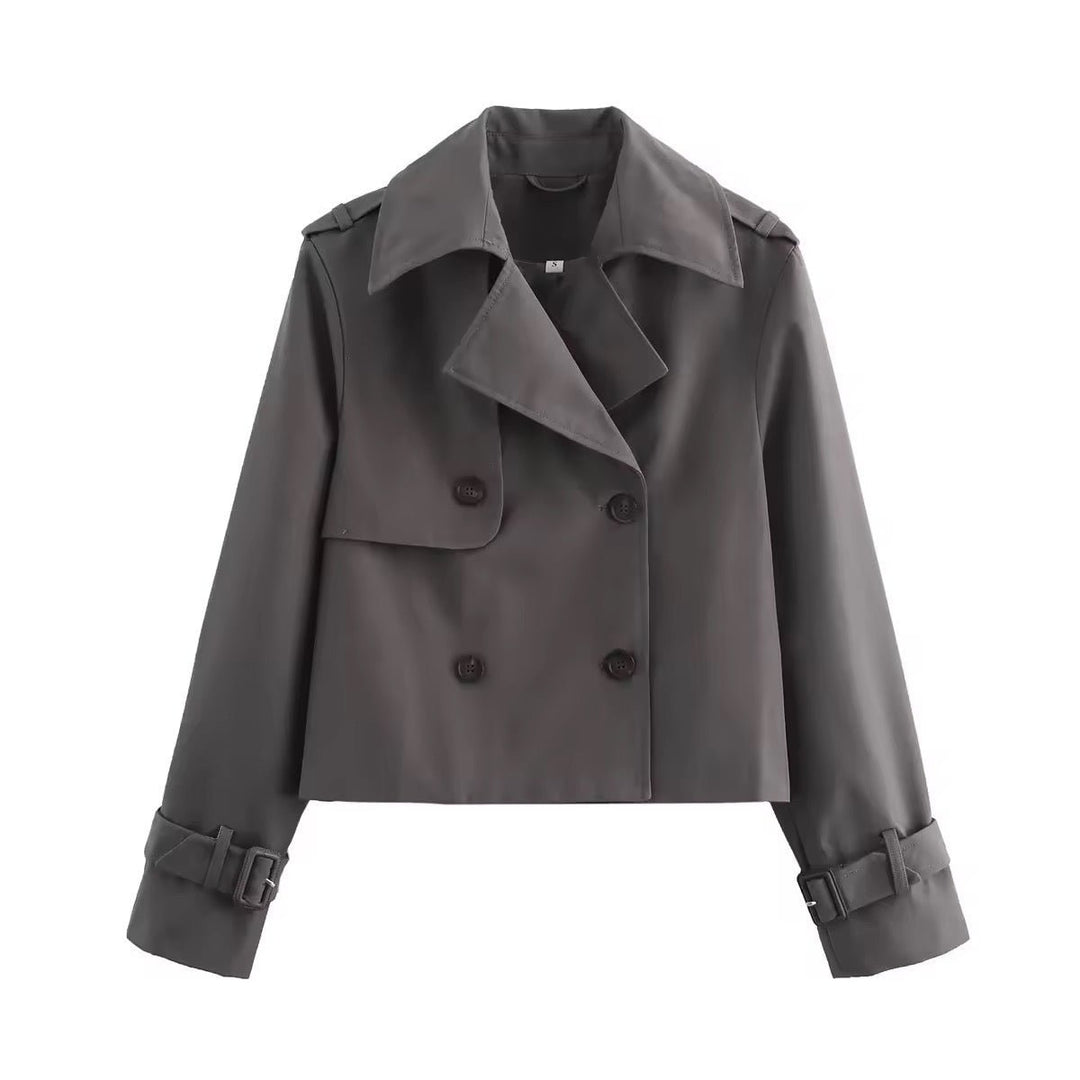 Women's Cropped Double-Breasted Trench Coat Buckle Cuff - Grey