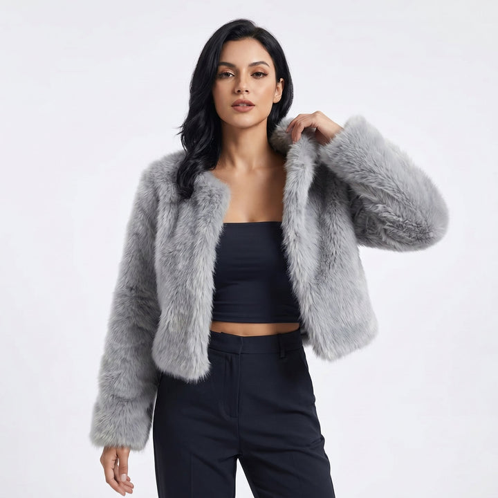 Women's Cropped Faux Fur Jacket Short Cardigan - Grey