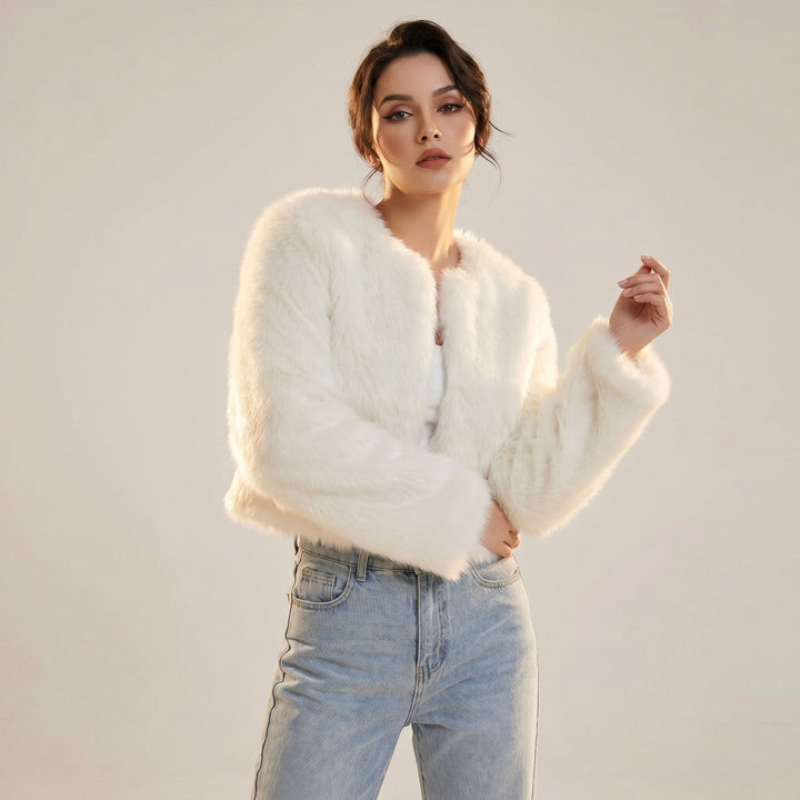 Women's Cropped Faux Fur Jacket Short Cardigan - White