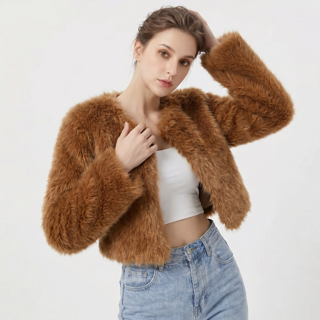Women's Cropped Faux Fur Jacket Short Cardigan - Dark Curry