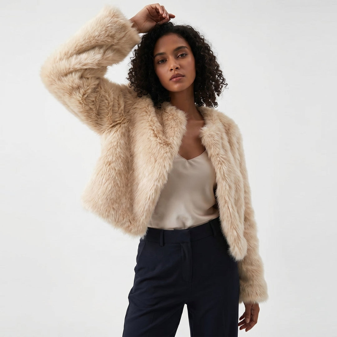 Women's Cropped Faux Fur Jacket Short Cardigan - Apricot