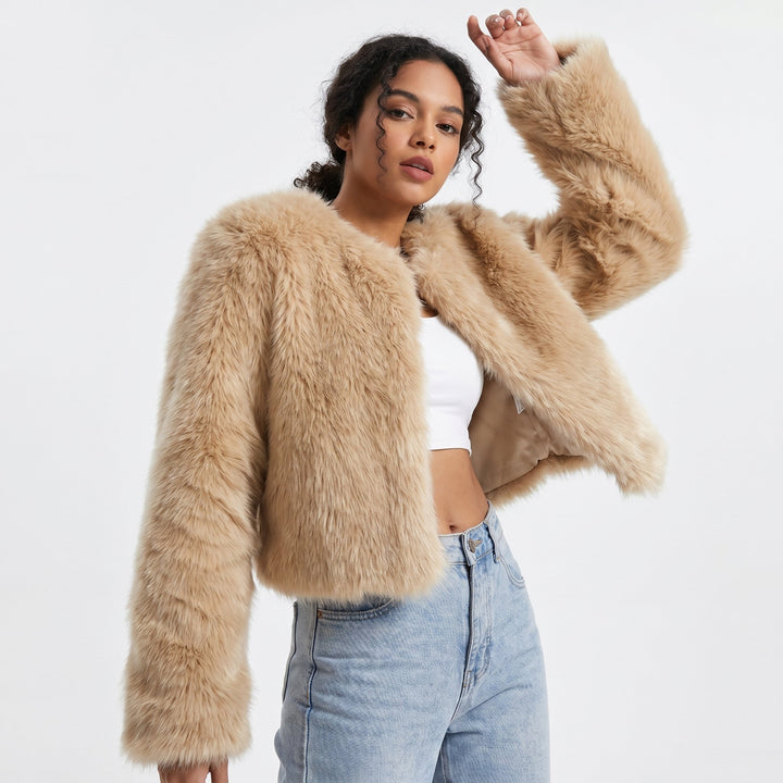 Women's Cropped Faux Fur Jacket Short Cardigan - Pale Curry