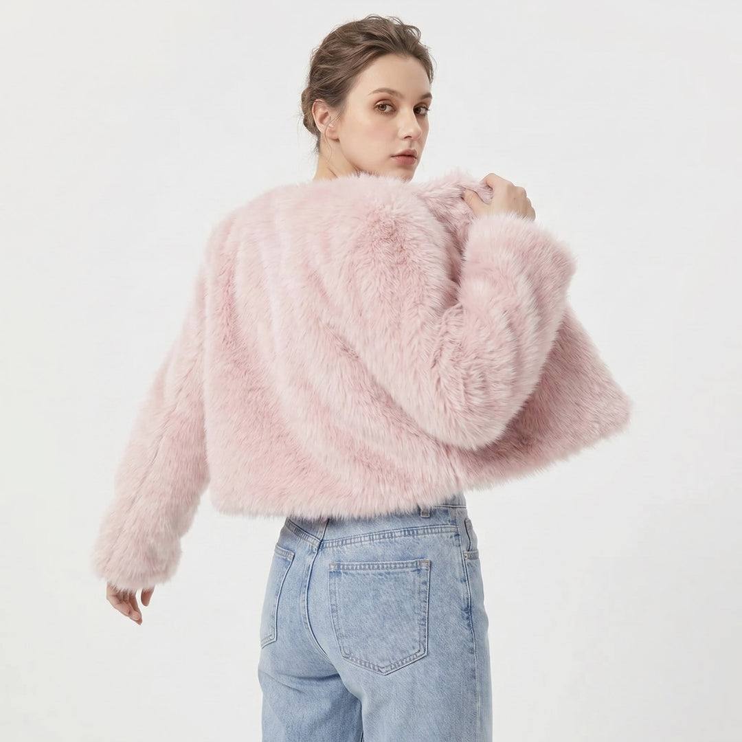 Women's Cropped Faux Fur Jacket Short Cardigan - Pink