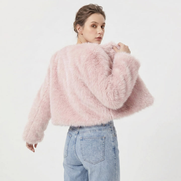 Women's Cropped Faux Fur Jacket Short Cardigan - Pink