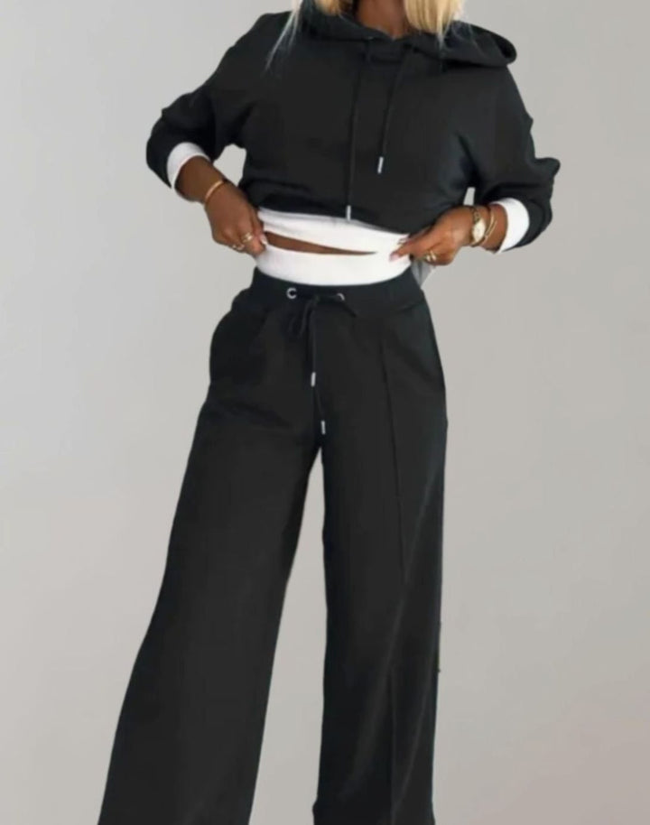 Women's Cropped Hoodie Wide-Leg Drawstring Tracksuit Set - Black