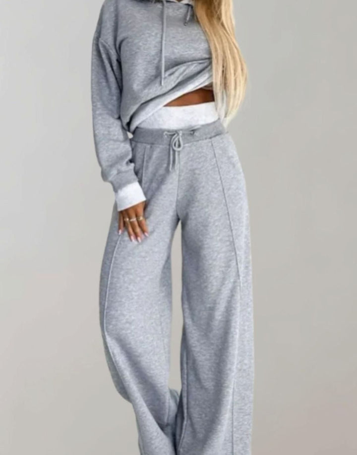 Women's Cropped Hoodie Wide-Leg Drawstring Tracksuit Set - Grey
