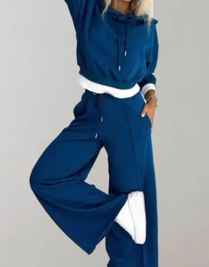 Women's Cropped Hoodie Wide-Leg Drawstring Tracksuit Set - Blue