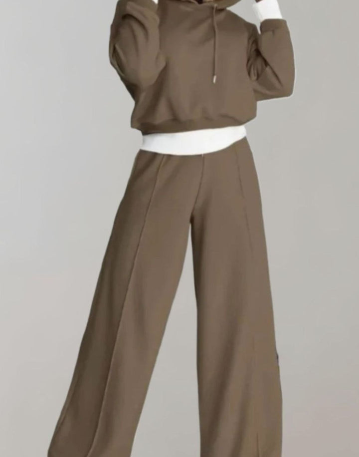 Women's Cropped Hoodie Wide-Leg Drawstring Tracksuit Set - Brown