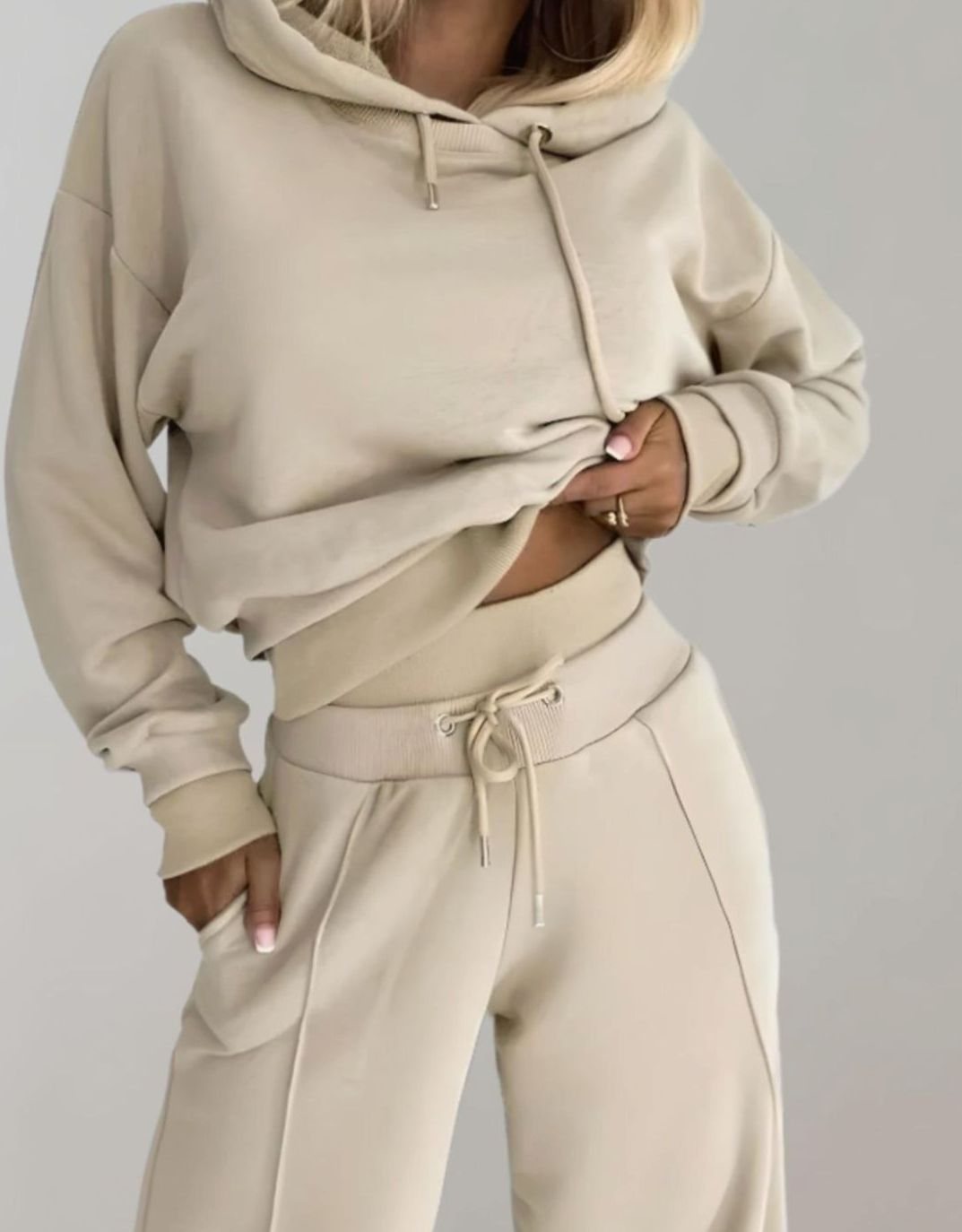 Women's Cropped Hoodie Wide-Leg Drawstring Tracksuit Set - Beige