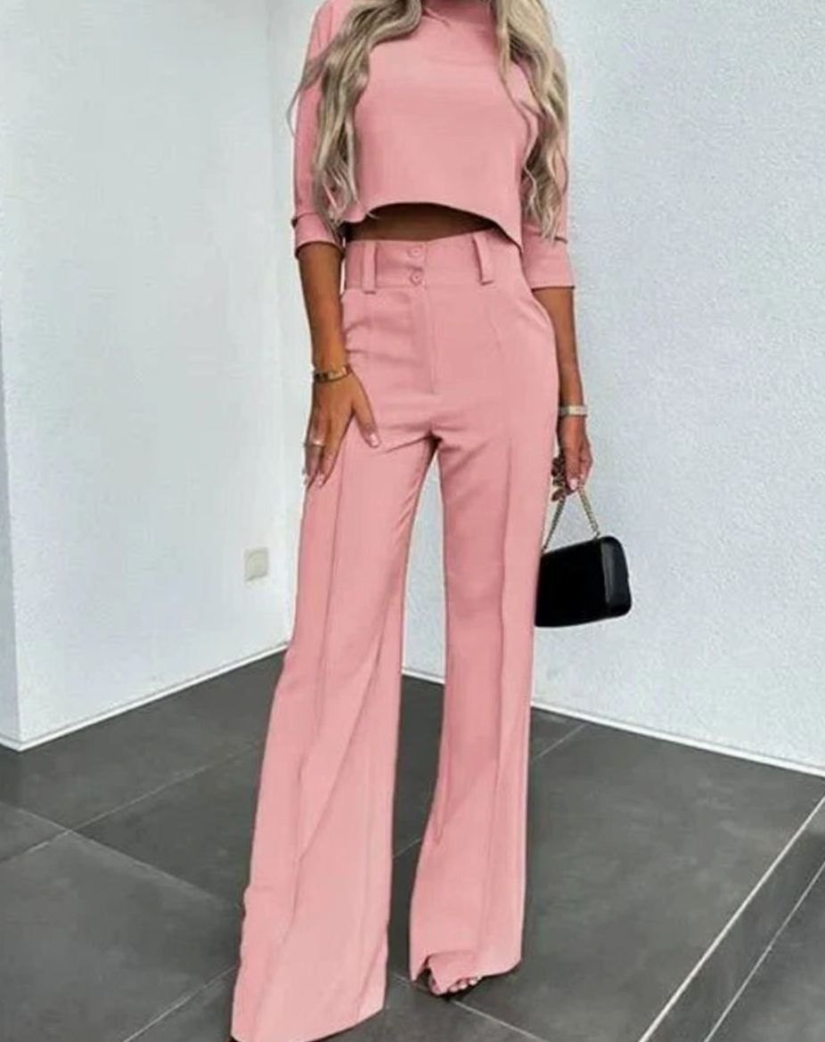 Women's Cropped Matching Top High-Waist Wide-Leg Trouser Set - Pink