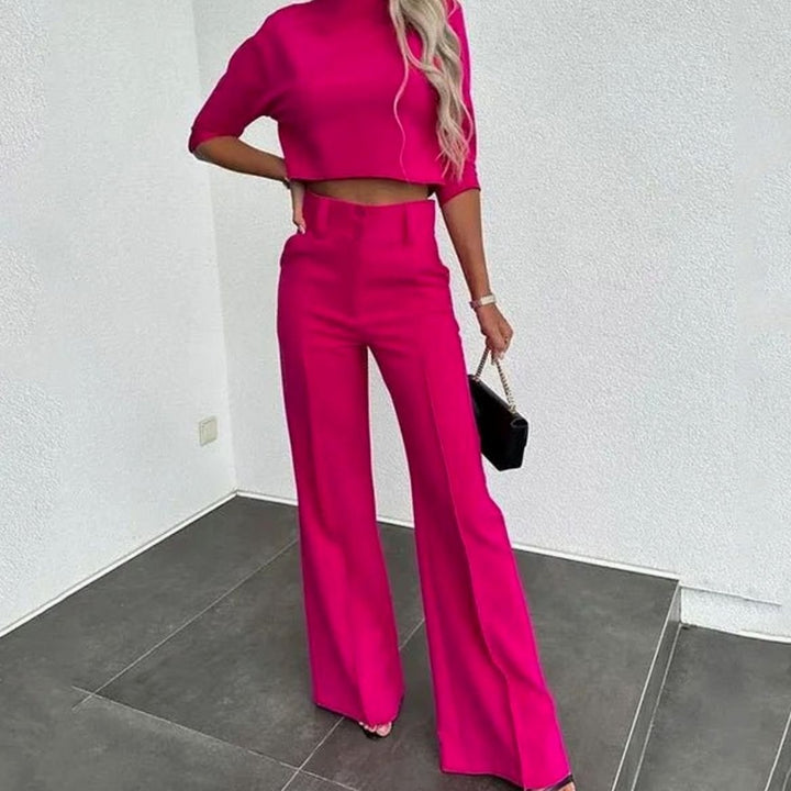 Women's Cropped Matching Top High-Waist Wide-Leg Trouser Set - Dark Pink