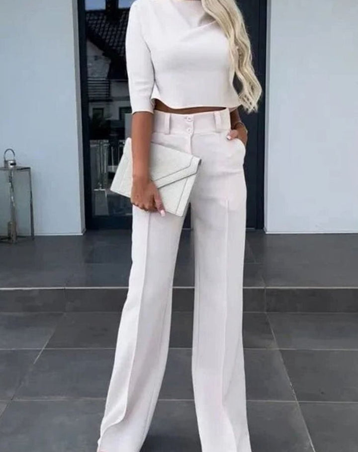 Women's Cropped Matching Top High-Waist Wide-Leg Trouser Set - White