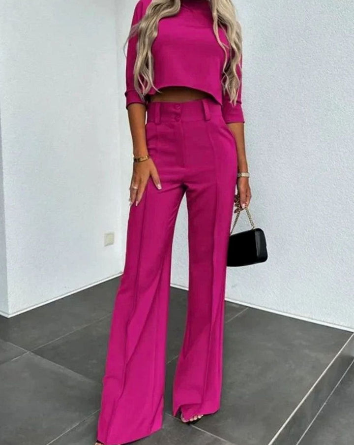 Women's Cropped Matching Top High-Waist Wide-Leg Trouser Set